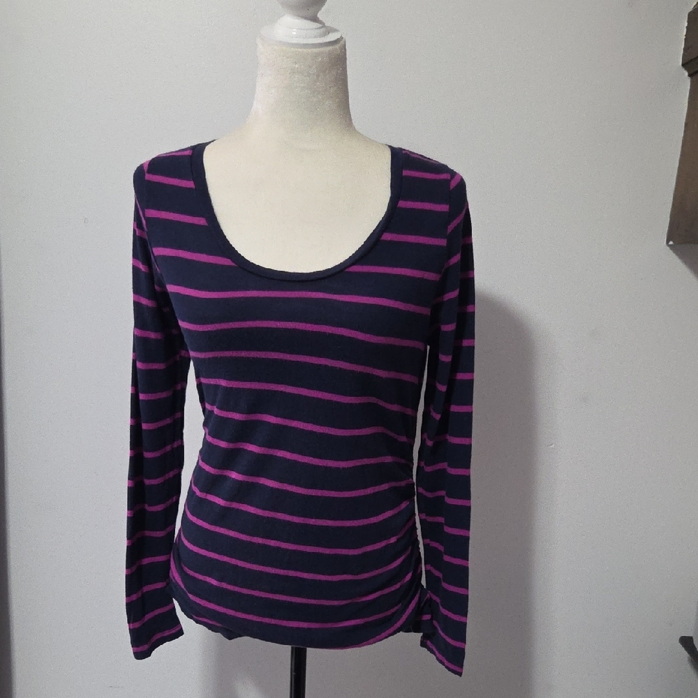 Liz Lange Navy and Pink Striped Long Sleeve Maternity Top